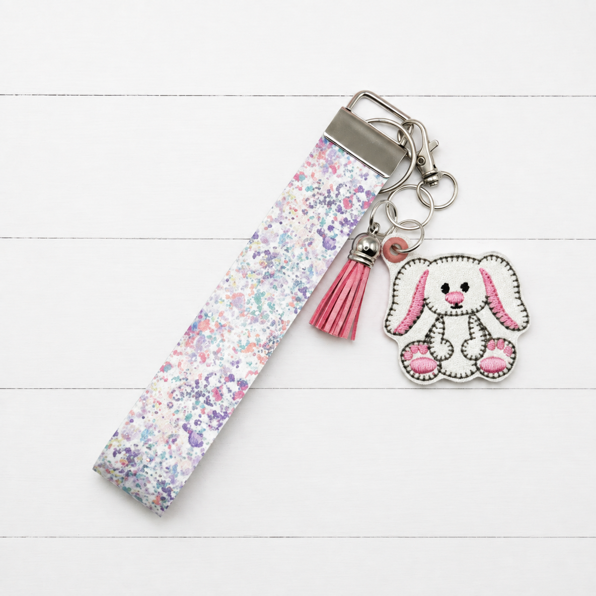 Floppy Ear Bunny Keychain and Wristlet — clean white wood primary image