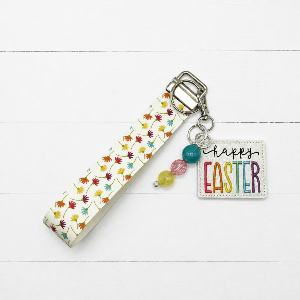 Happy Easter Keychain and Wristlet — clean white wood primary image