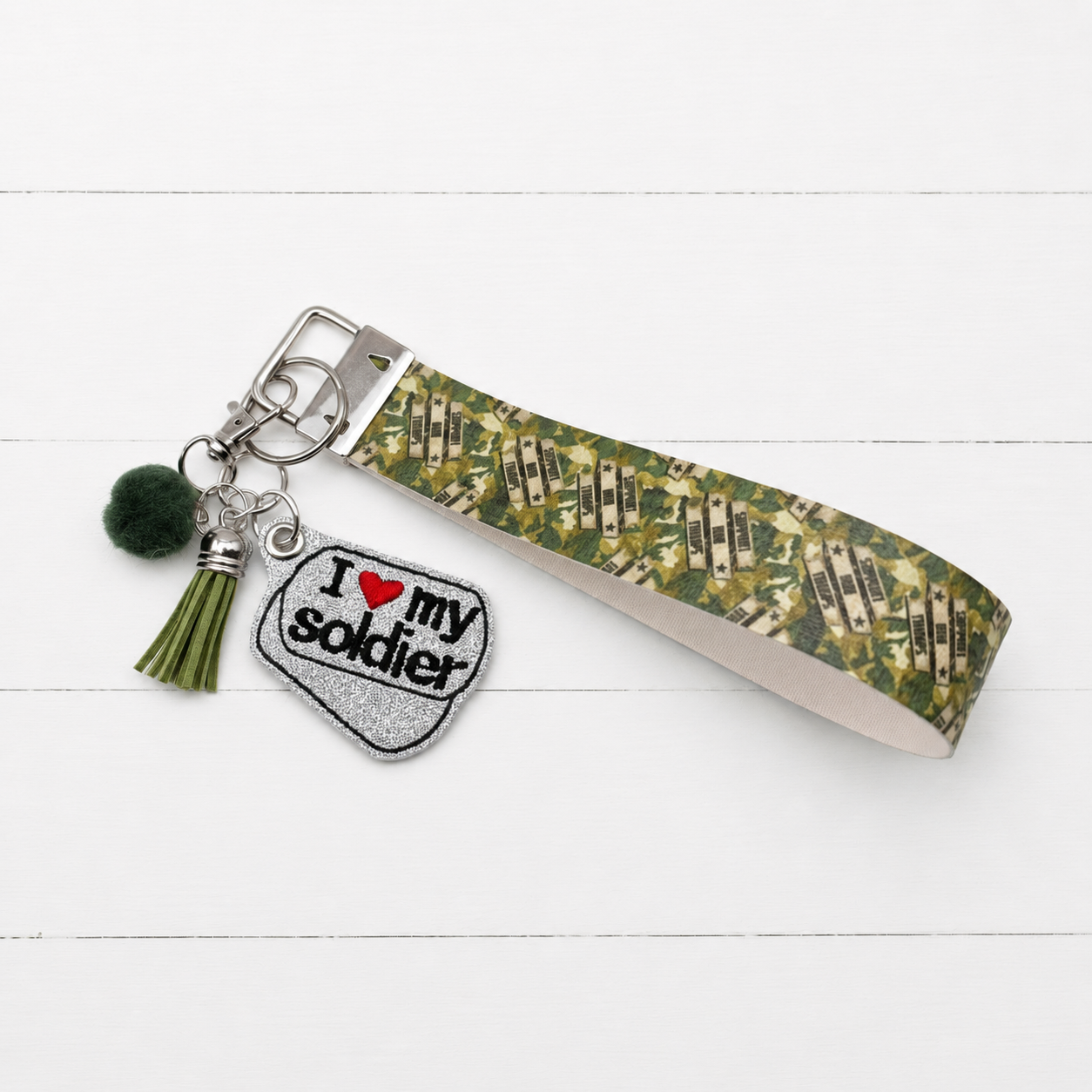 I Love My Soldier Keychain and Wristlet — clean white wood primary image