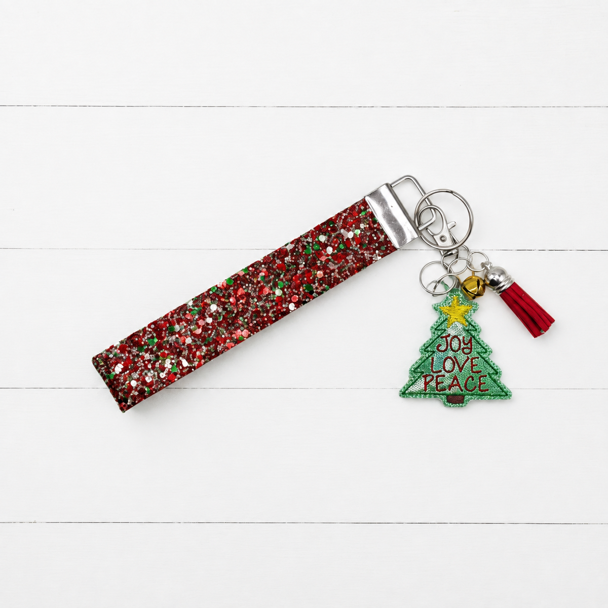 Joy, Love, Peace Tree Keychain and Wristlet — clean white wood primary image