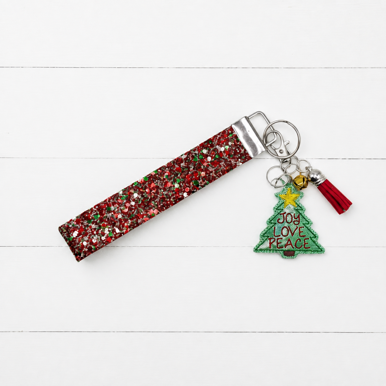 Joy, Love, Peace Tree Keychain and Wristlet — clean white wood primary image