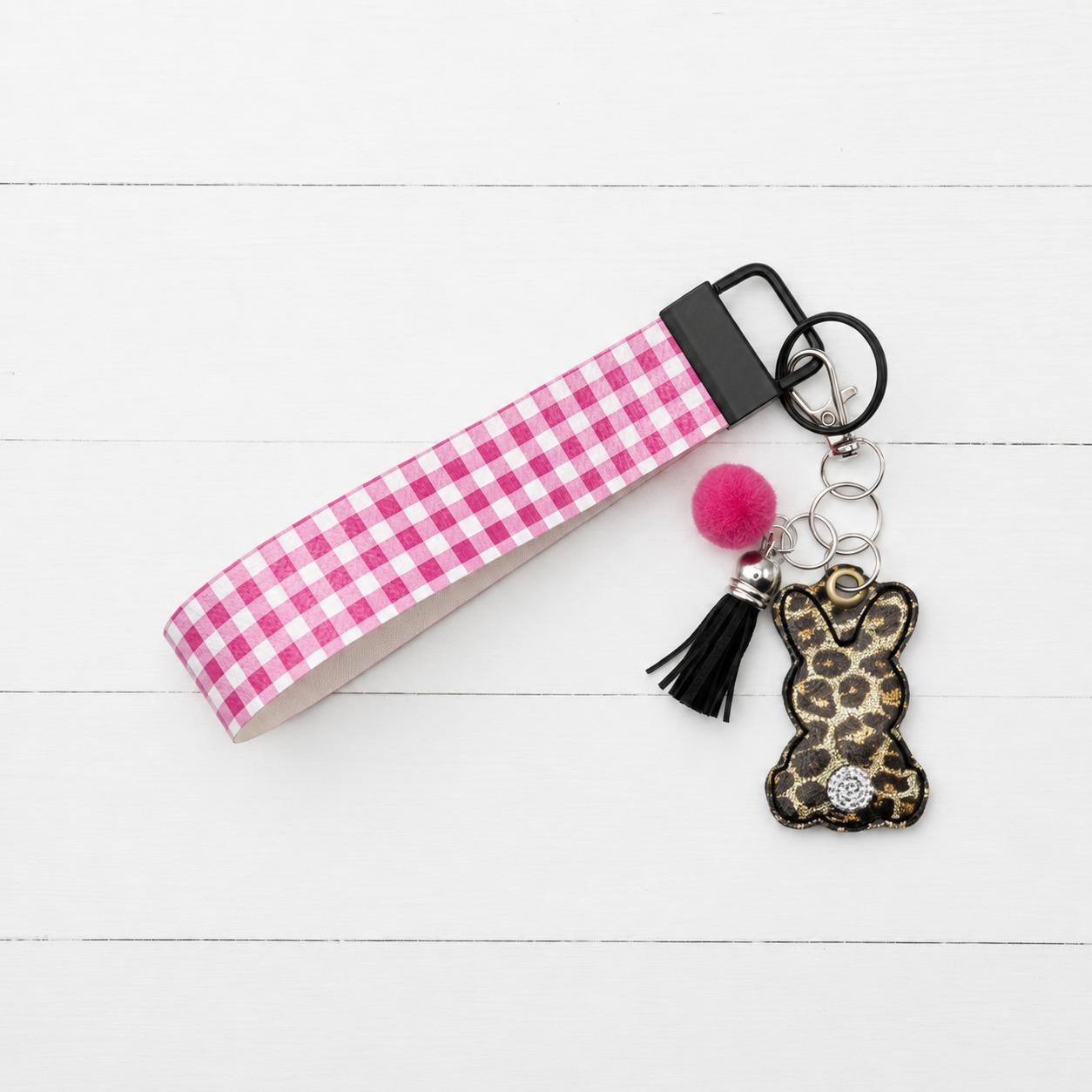 Leopard Bunny Keychain and Wristlet — clean white wood primary image
