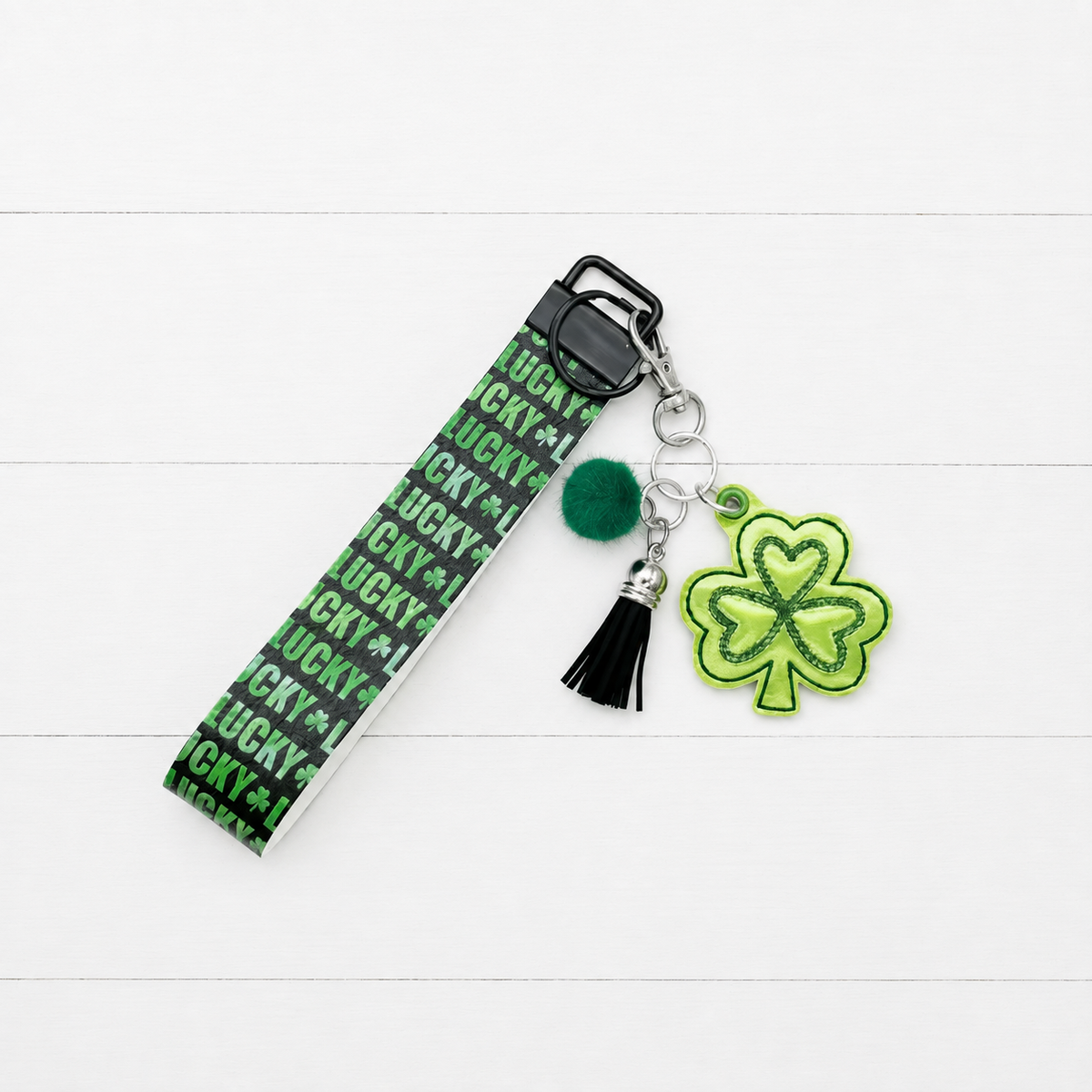 Lime Shamrock Keychain and Wristlet — clean white wood primary image