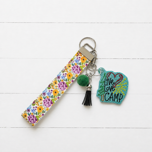 Live Love Camp Keychain and Wristlet — clean white wood primary image