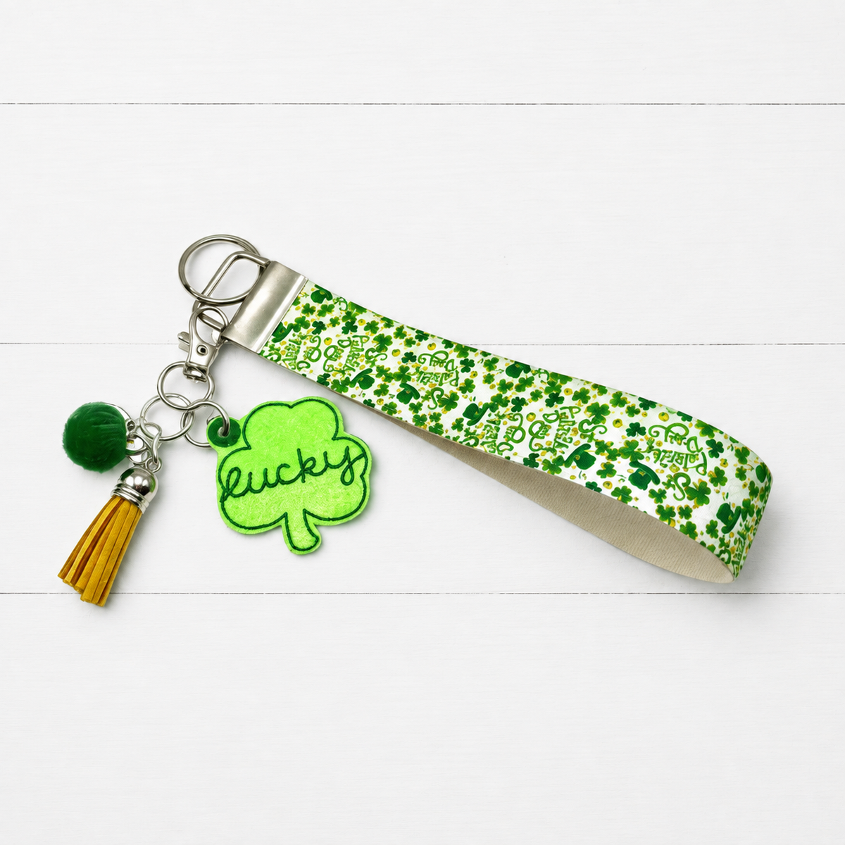 Lucky Shamrock Keychain and Wristlet — clean white wood primary image