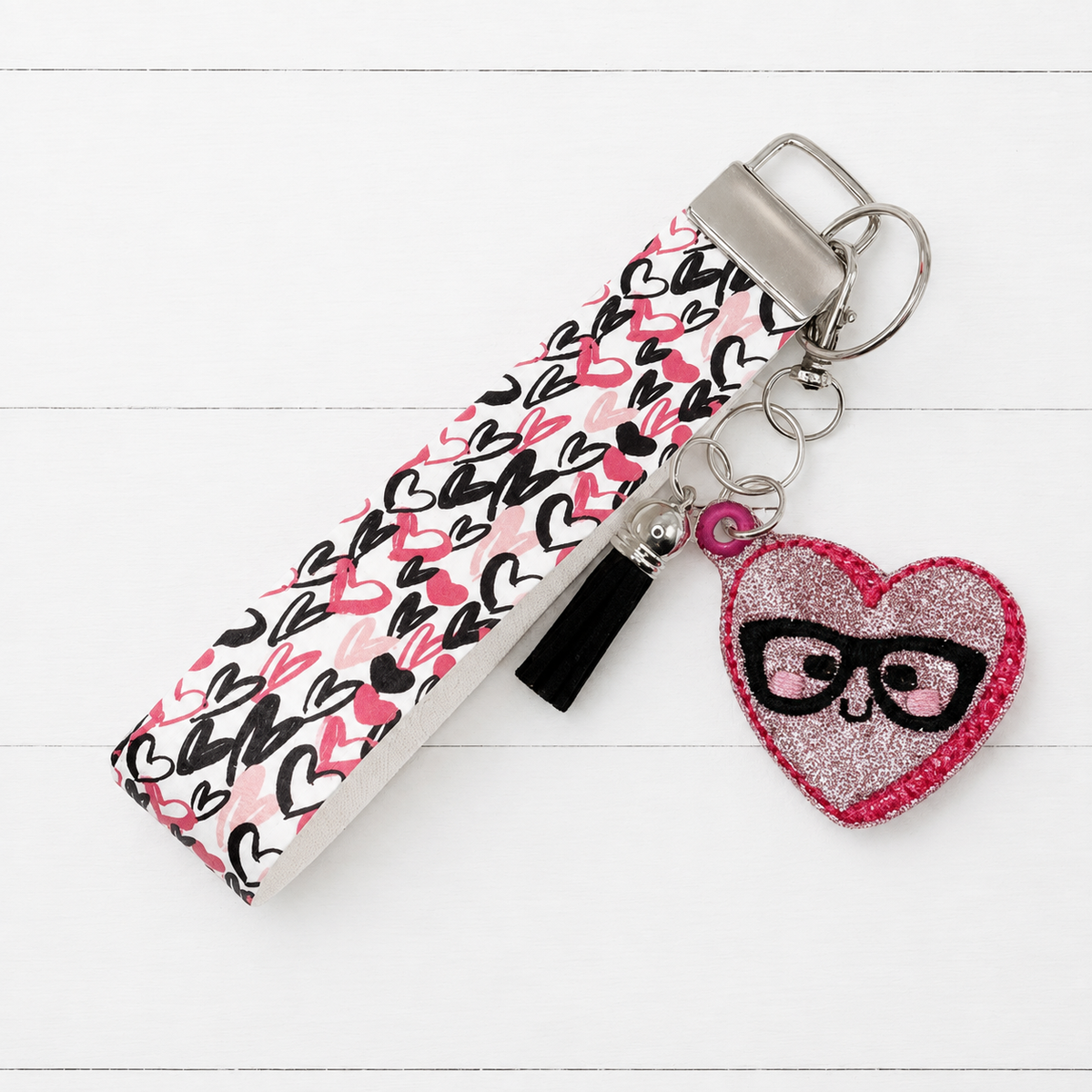 Nerdy Heart Keychain and Wristlet — clean white wood primary image