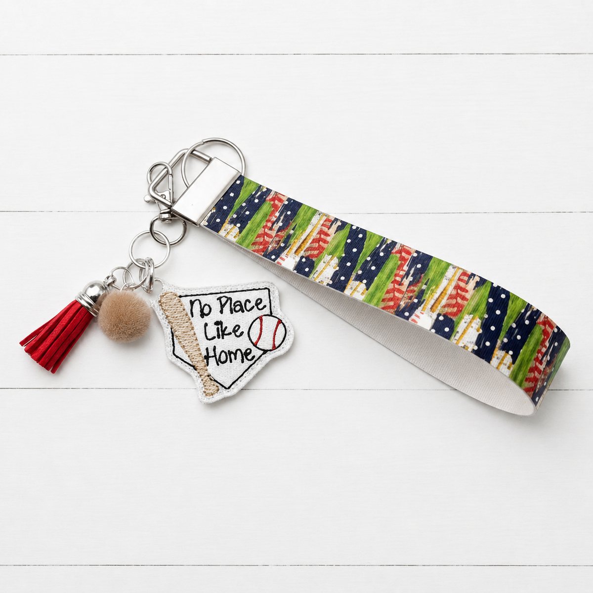 No Place Like Home Baseball Keychain and Wristlet — clean white wood primary image
