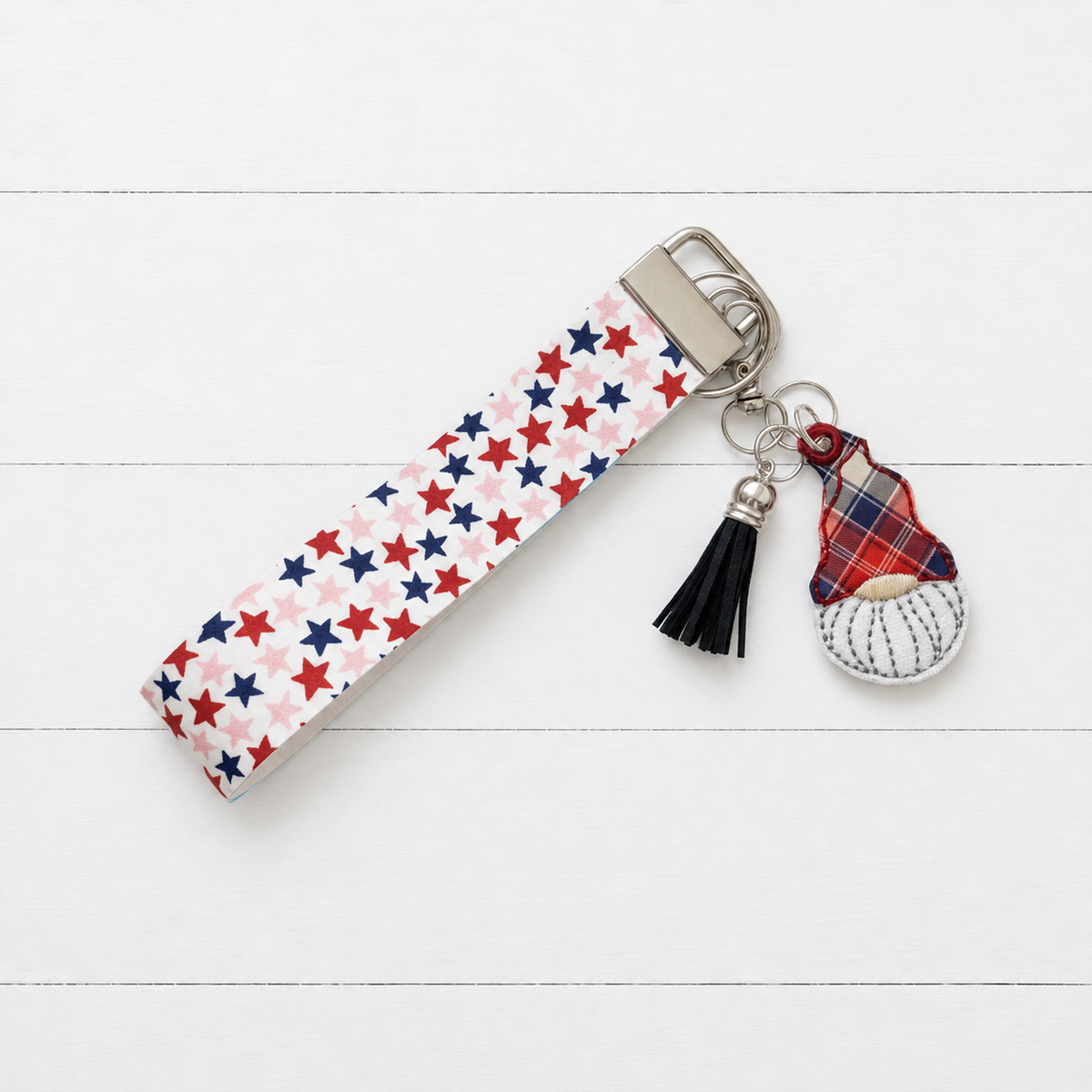 Patriotic Plaid Gnome Keychain and Wristlet on clean white wood background