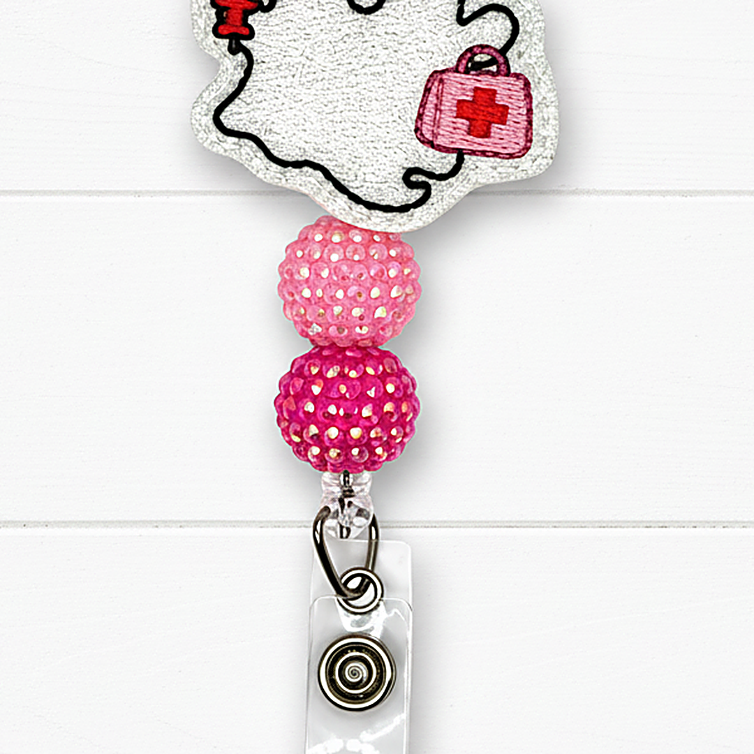 Pink Nurse Ghost Halloween Badge Reel