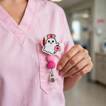 Pink Nurse Ghost Halloween Badge Reel