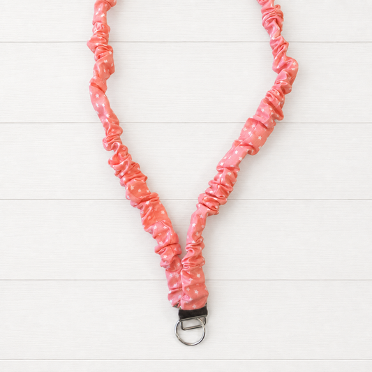 Pink Star Scrunchie Lanyard on a clean white wood background