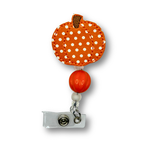 Orange Polka Dotted Pumpkin Badge Reel