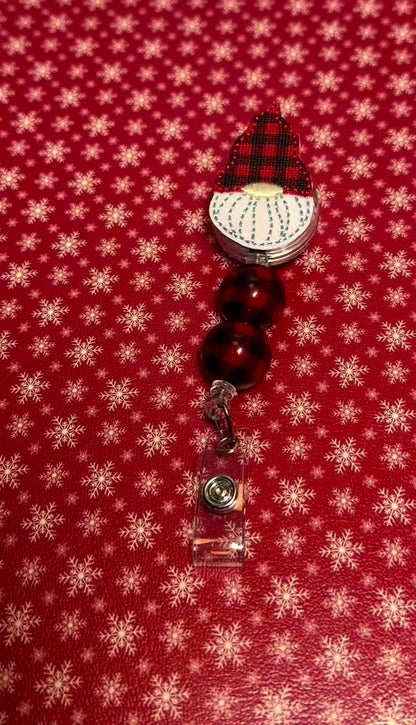 Buffalo Plaid Hat Gnome Beaded Badge Reel