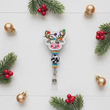Cow Reindeer with Lights Beaded Badge Reel