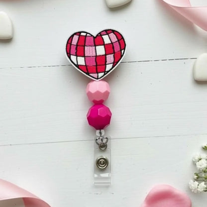 Disco Heart Beaded Badge Reel