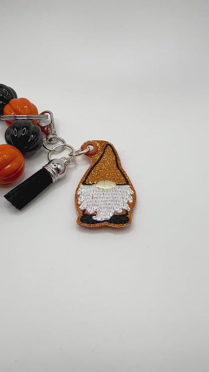 Orange and Black Gnome Keychain with Beaded Wristlet