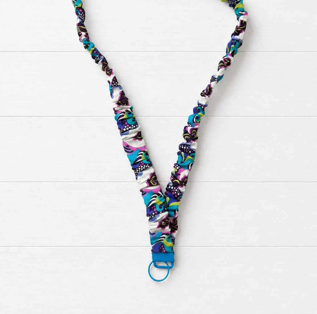 Psychedelic Scrunchie Lanyard on a clean white wood background