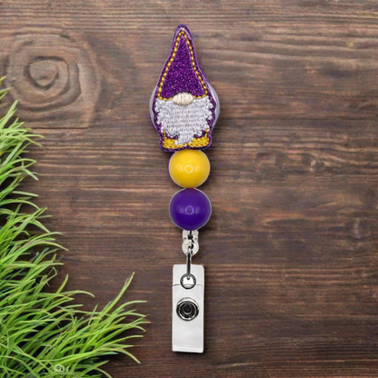 Purple and Gold Gnome Beaded Badge Reel