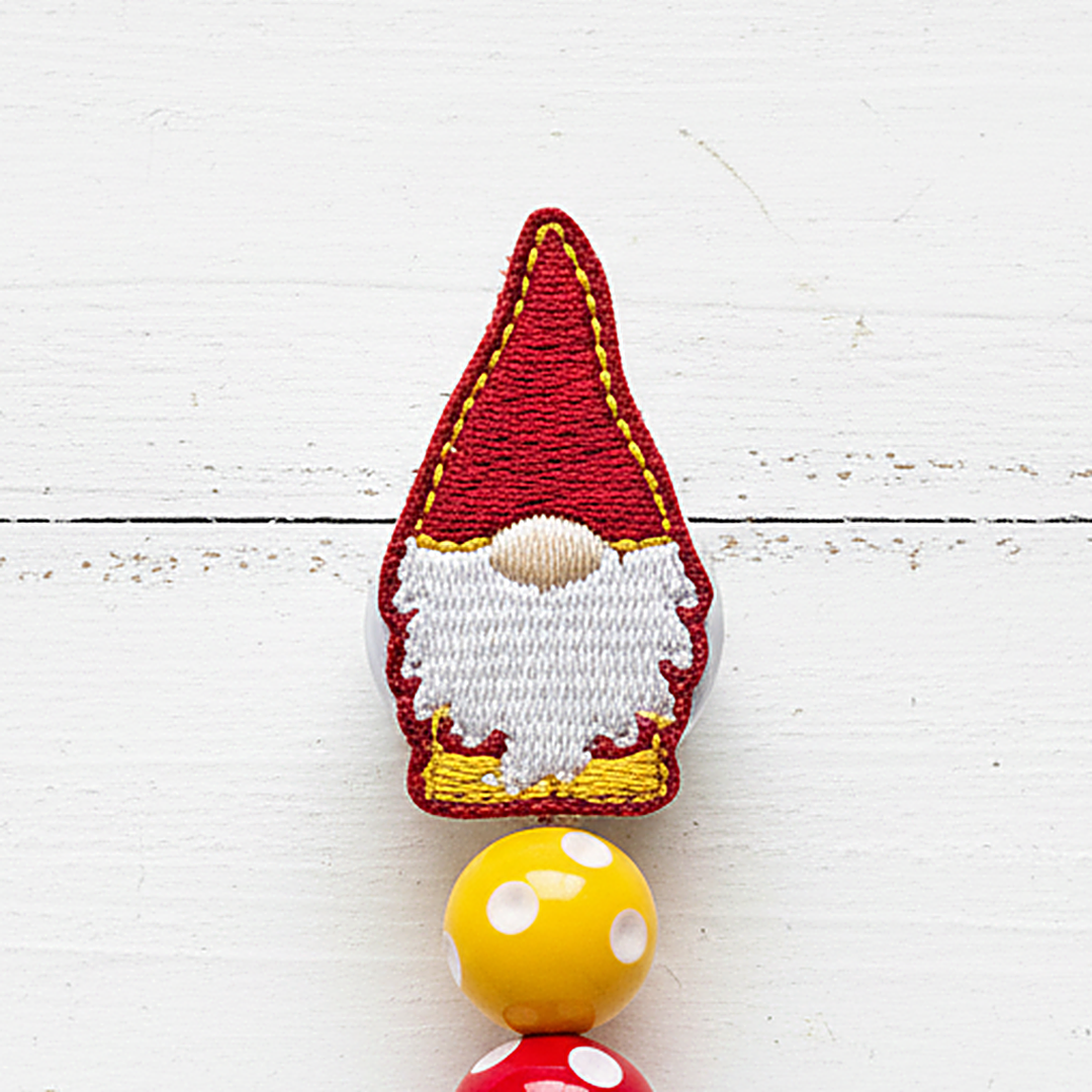 Red and Gold Gnome Polka Dot Beaded Badge Reel