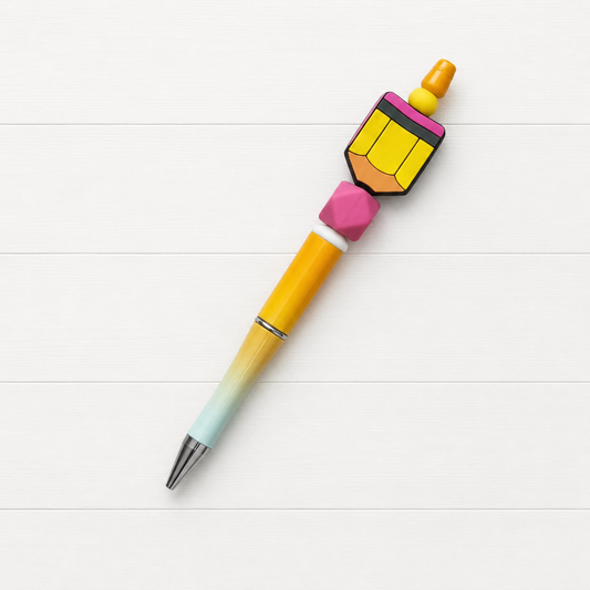 School Pencil Beaded Pen on a clean white wood background