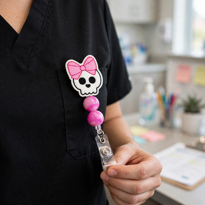 Skull with Bow Halloween Badge Reel