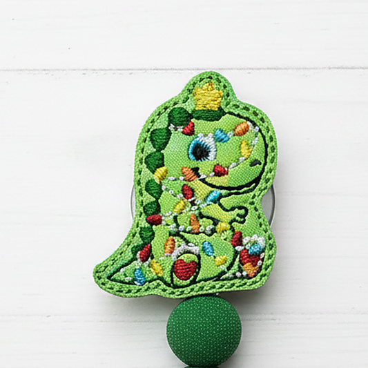 T-Rex with Christmas Lights Beaded Badge Reel