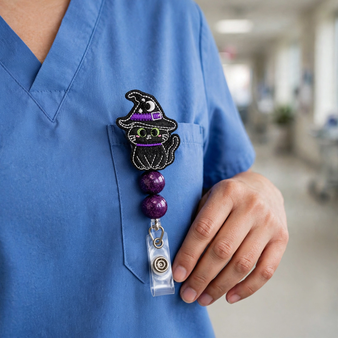 Witch Cat Halloween Badge Reel