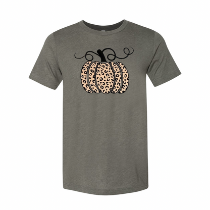 Military green t-shirt with a leopard print pumpkin pattern on the front.