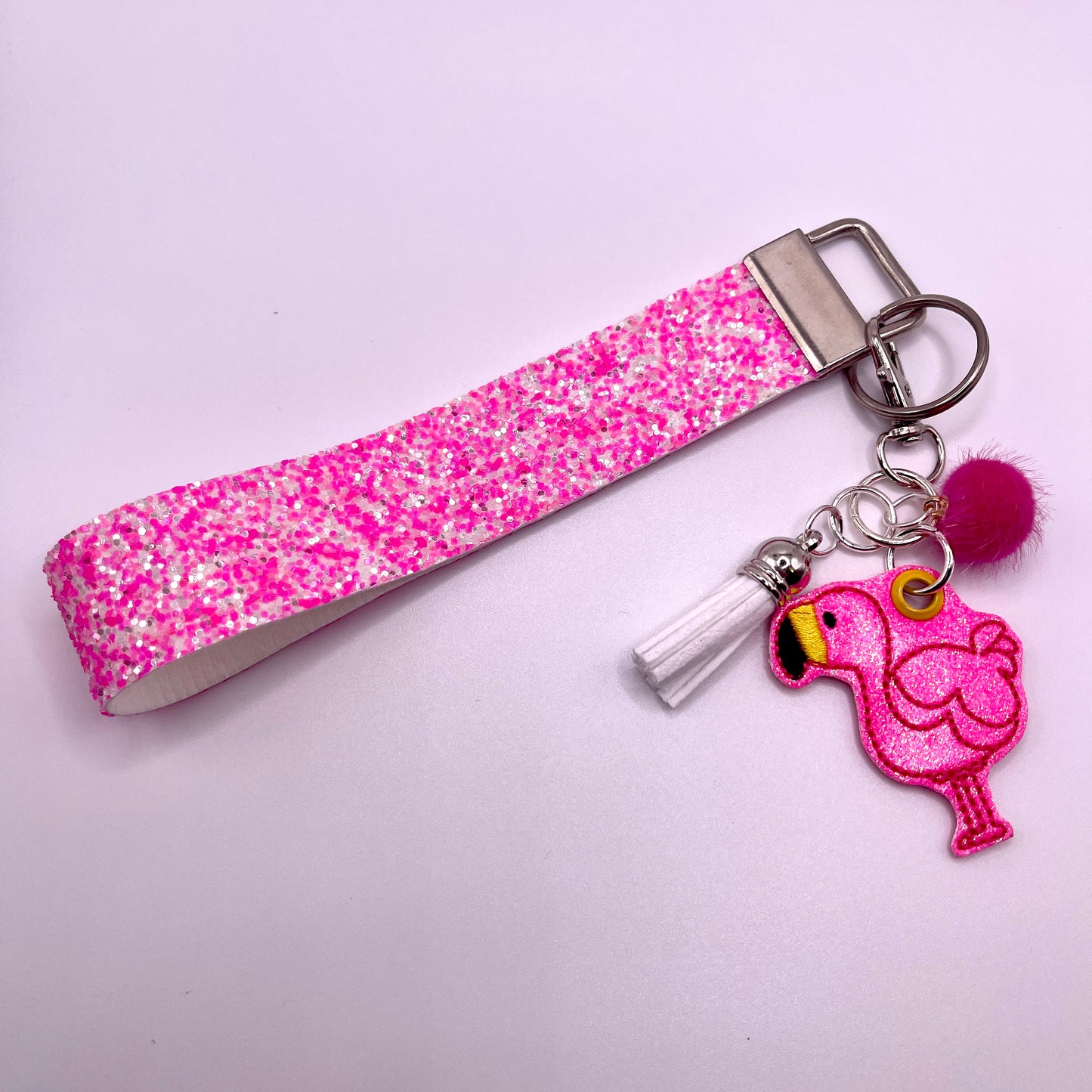 Flamingo Keychain and Pink Glitter Wristlet