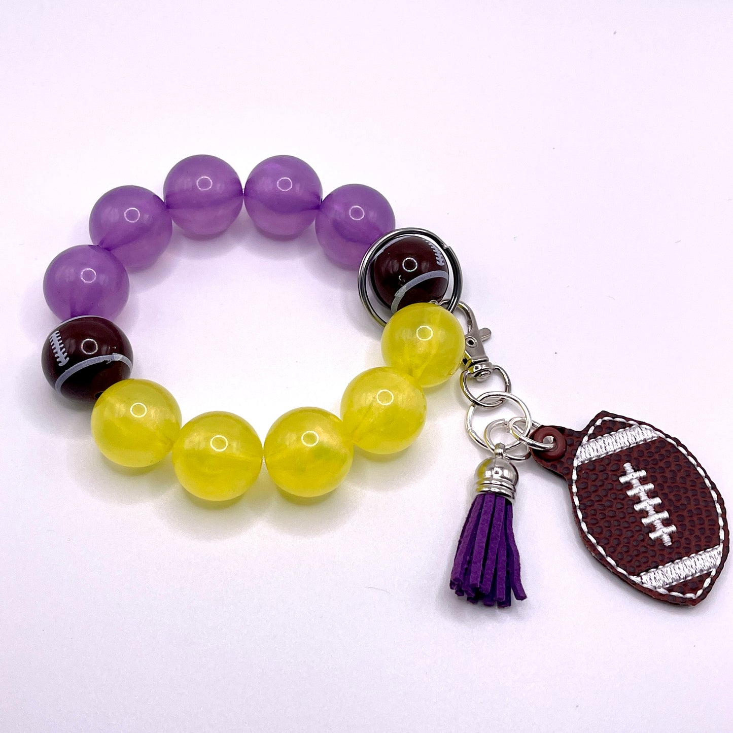 Purple and Yellow Football Keychain with Beaded Wristlet