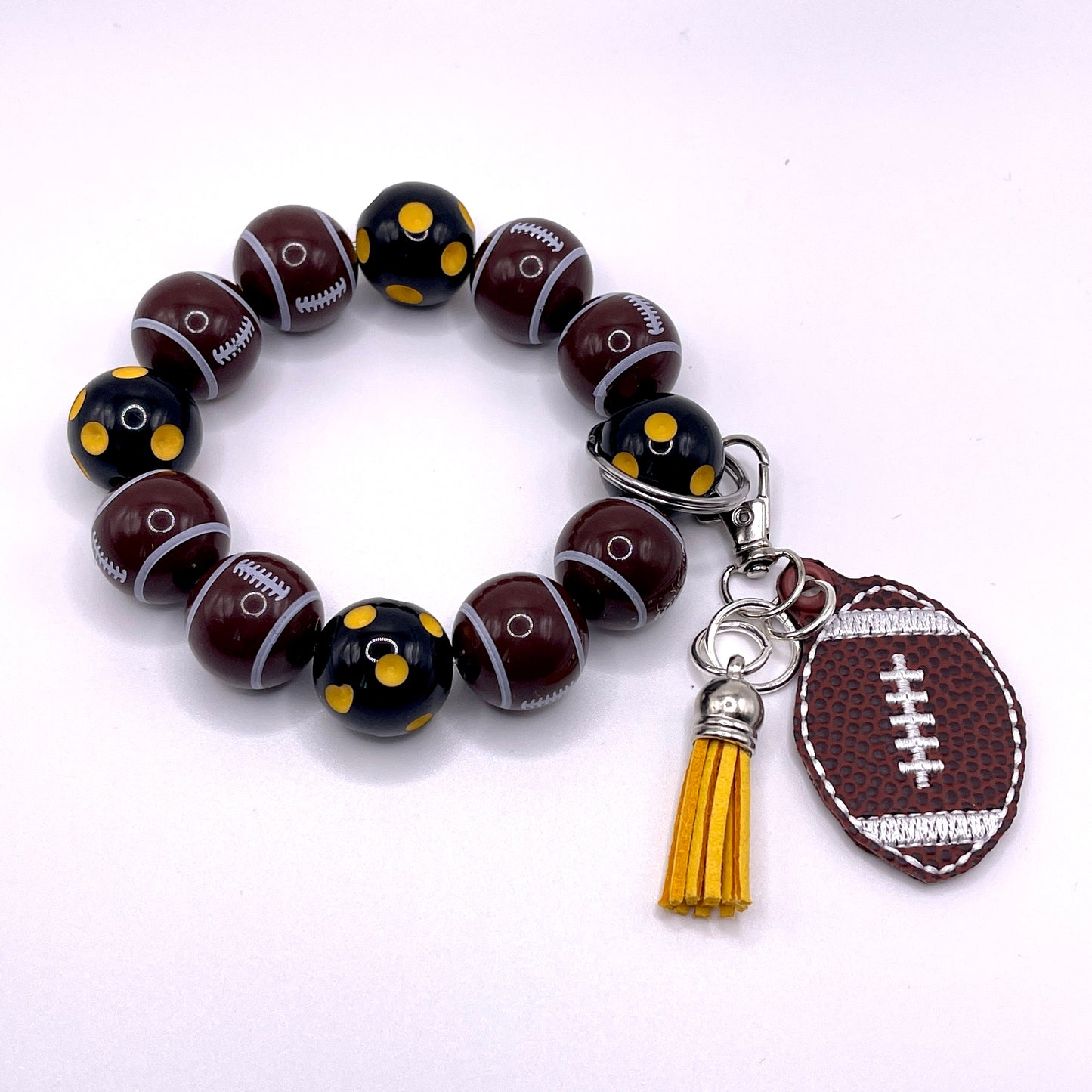 Black and Gold Football Keychain with Beaded Wristlet