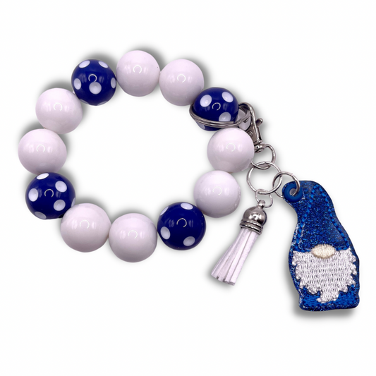 Blue and White Gnome Keychain with Beaded Wristlet