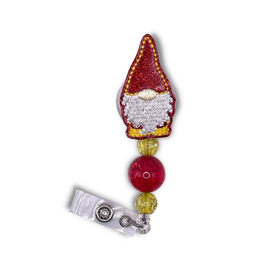 Red and Gold Gnome Beaded Badge Reel
