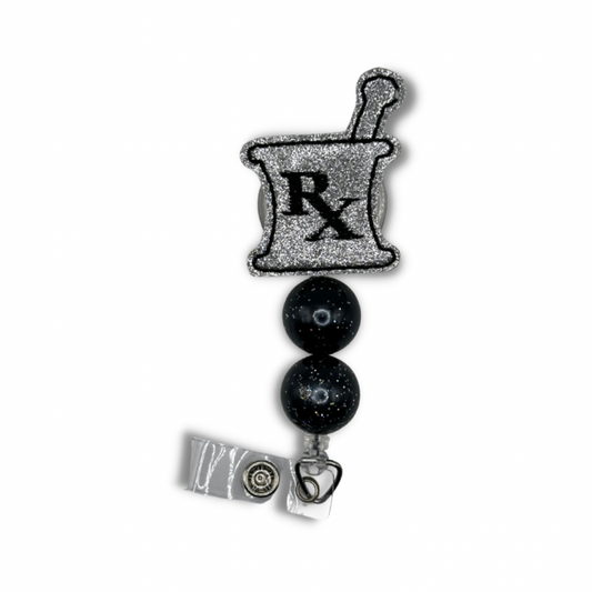 Pharmacy Mortar and Pestle Beaded Badge Reel