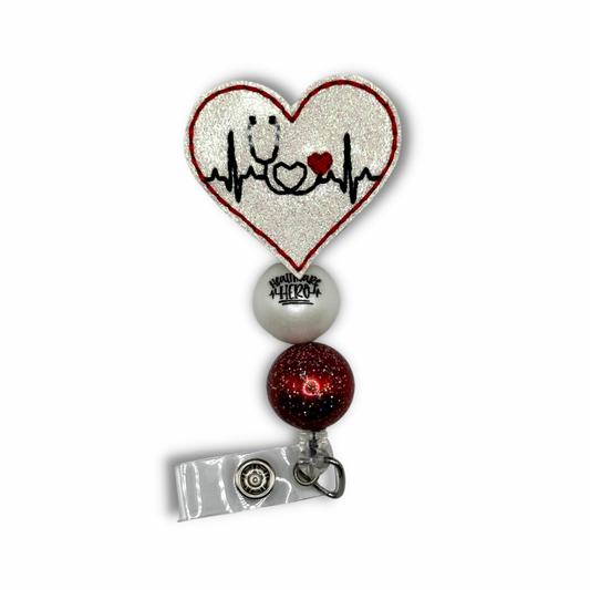 White Heart EKG Beaded Badge Reel