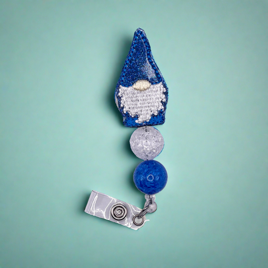 Blue and White Gnome Beaded Badge Reel
