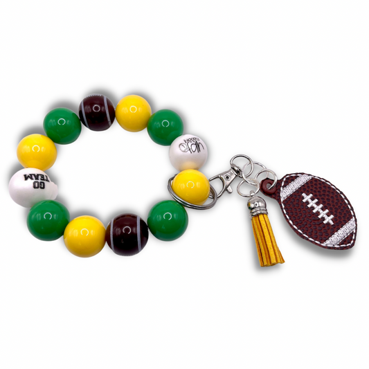 Green and Yellow Football Keychain with Beaded Wristlet
