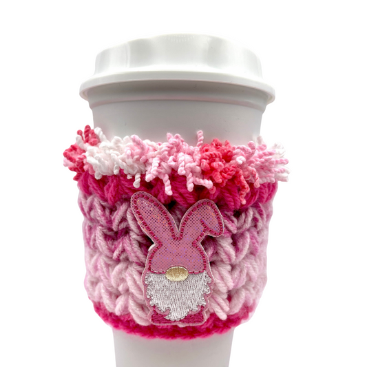 Pink Bunny Gnome Crocheted Coffee Cozy Sleeve