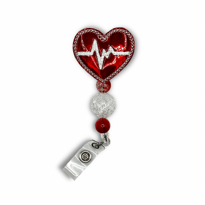 Red heart EKG badge reel