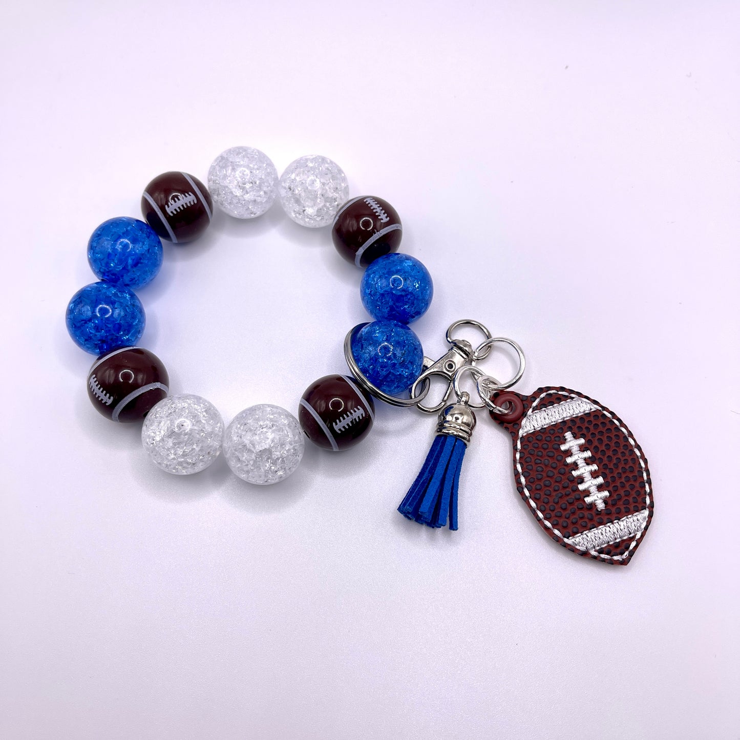 Blue and White Football Keychain with Beaded Wristlet