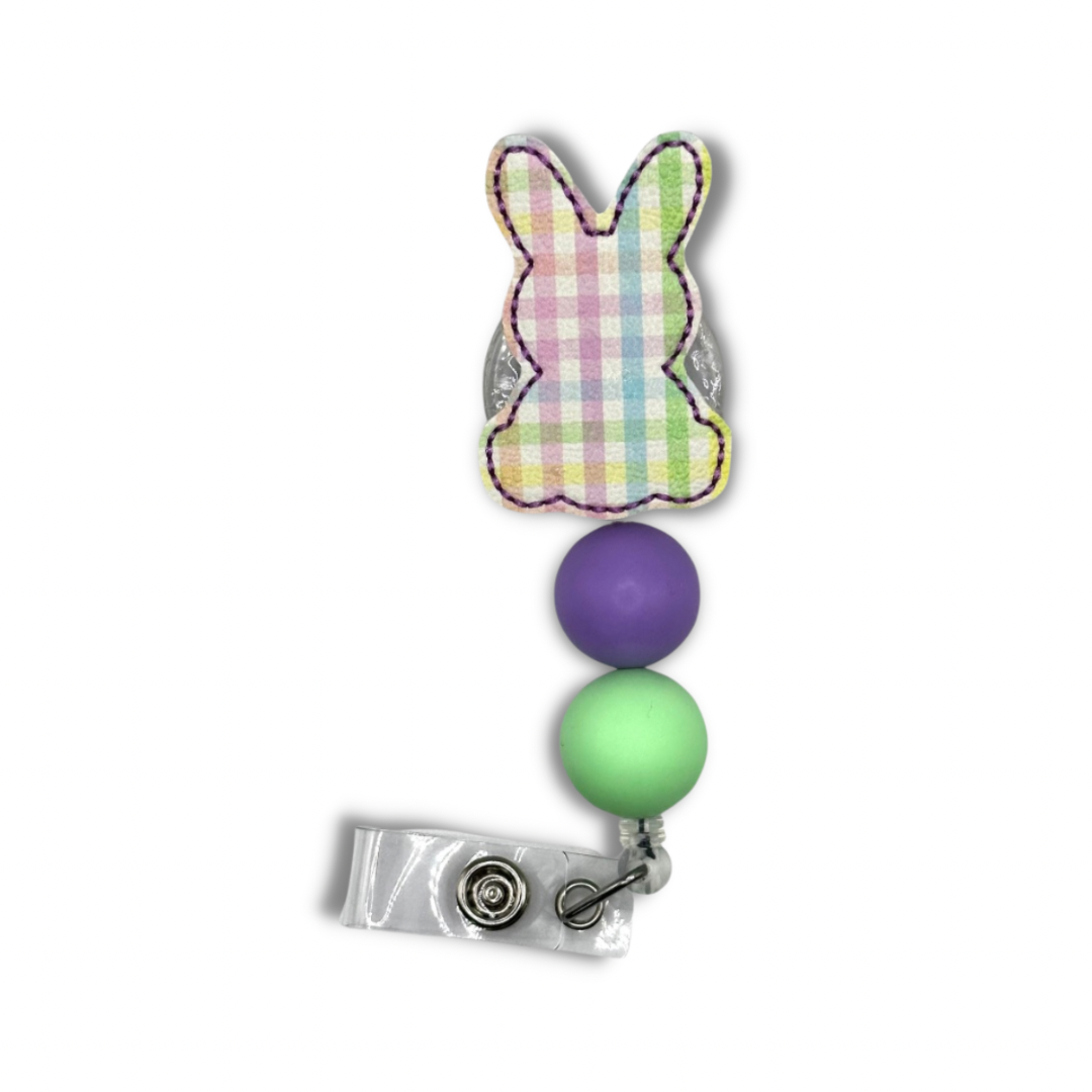 Pastel Plaid Bunny Beaded Badge Reel