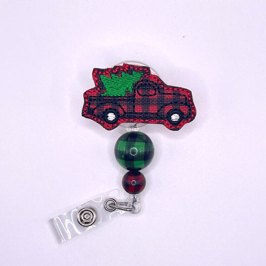 Buffalo Plaid Truck Beaded Badge Reel