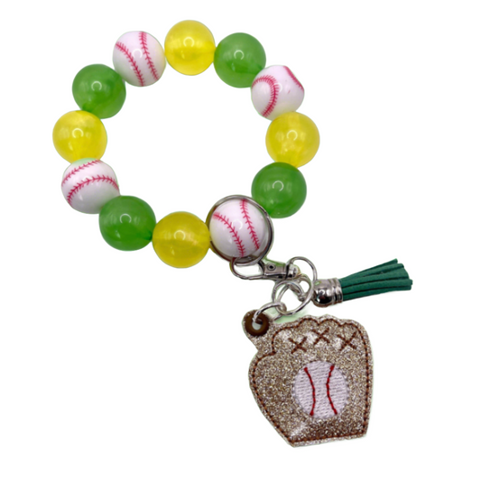 Baseball Glove Keychain with Yellow and Green Beaded Wristlet