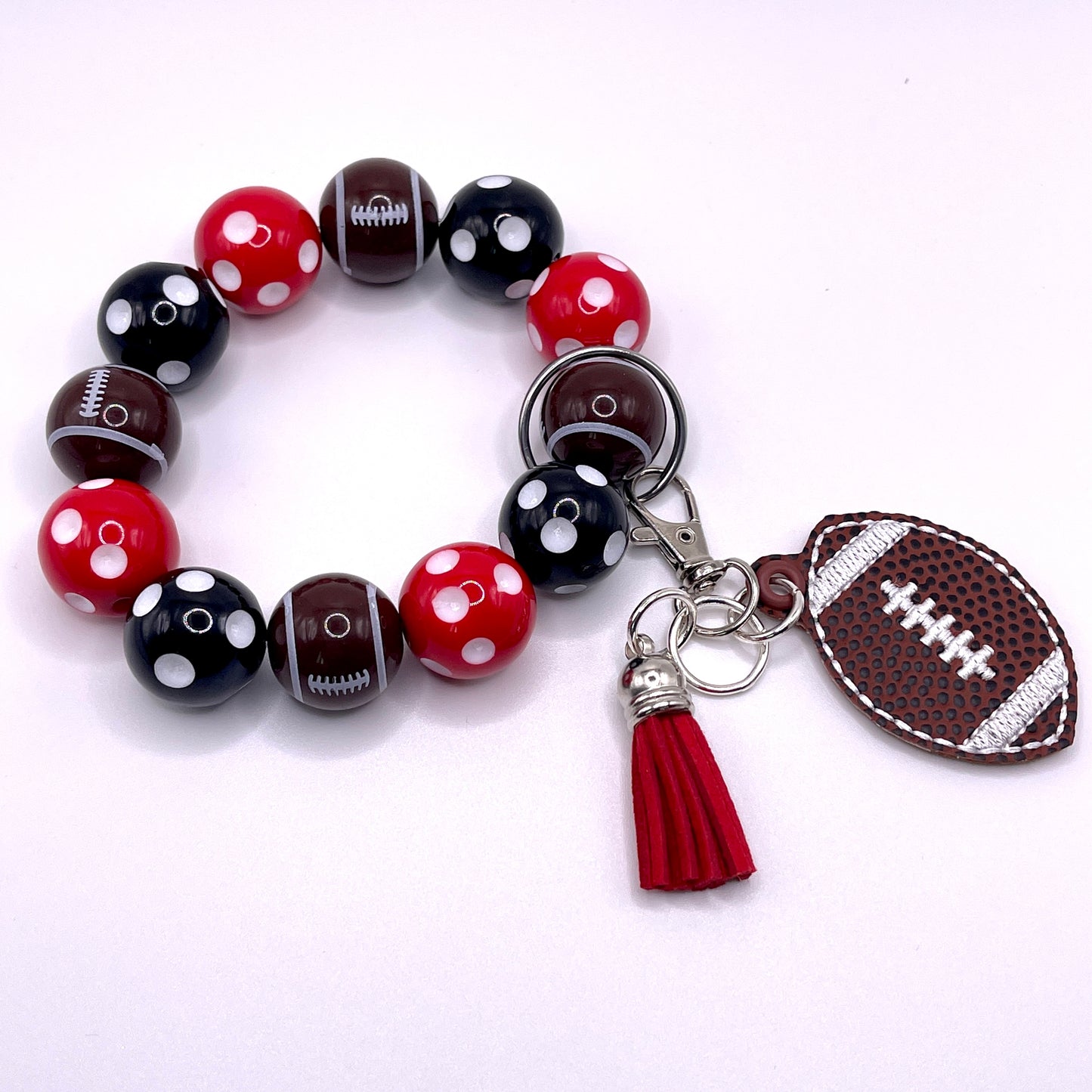 Red and Black Football Keychain with Beaded Wristlet