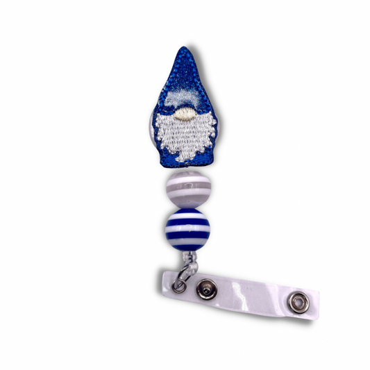 Blue and White Gnome Striped Beaded Badge Reel