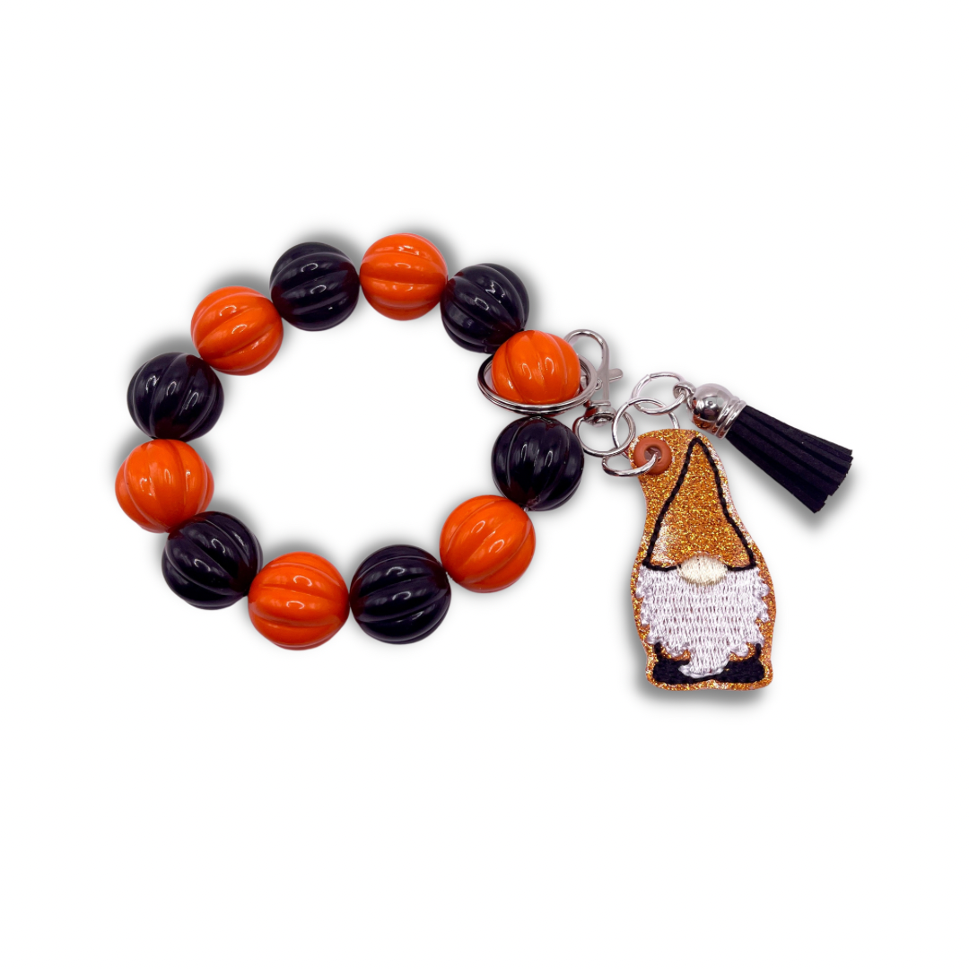 Orange and Black Gnome Keychain with Beaded Wristlet