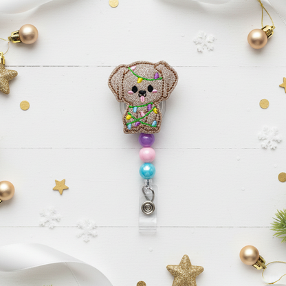 Christmas Puppy Beaded Badge Reel