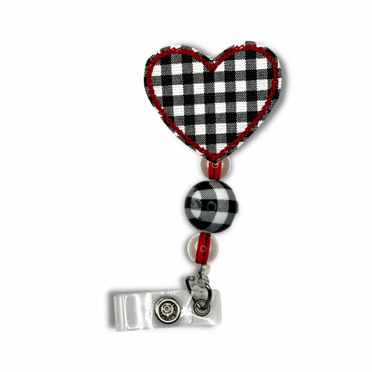 White Plaid Heart Beaded Badge Reel