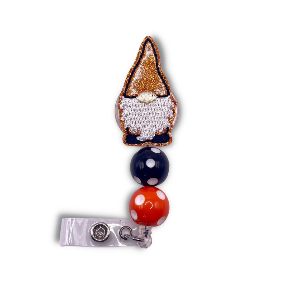 Black and Orange Gnome Polka Dot Beaded Badge Reel