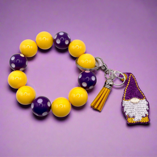 Purple and Gold Gnome Keychain with Beaded Wristlet